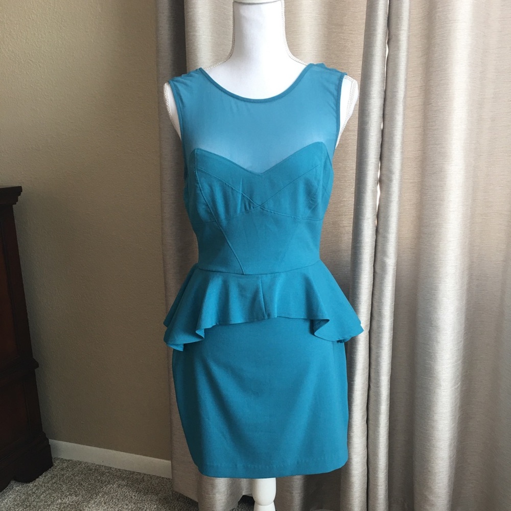 Teal sheer peplum vintage style mini dress